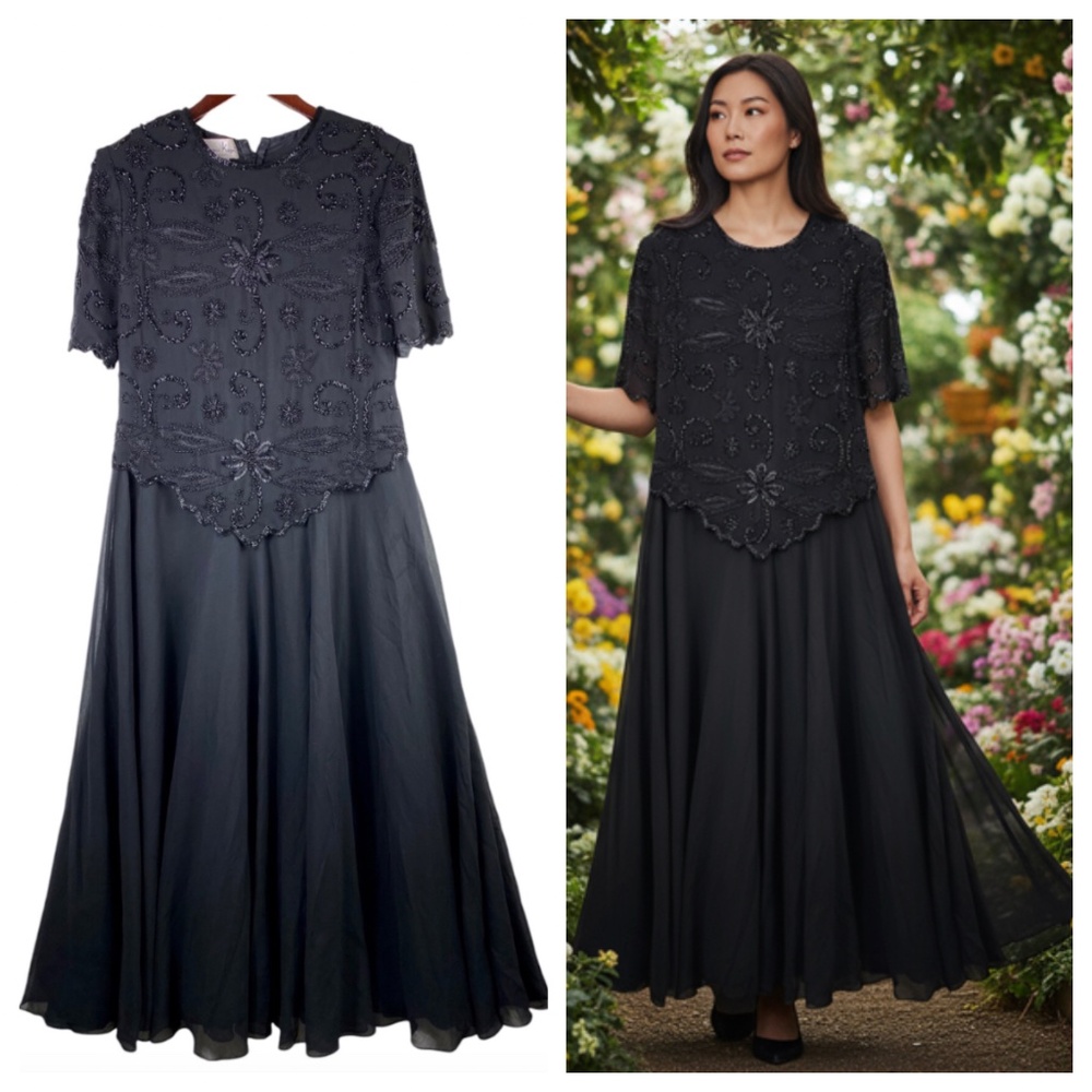 Vtg Laurence Kazar Sz Medium 8 10 Maxi Dress Black Beaded Evening Party Holiday